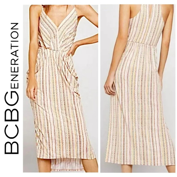 BCBGENERATION Halter Strappy High Low Midi Dress, Elastic Waist, Balloon Pockets - Picture 1 of 15